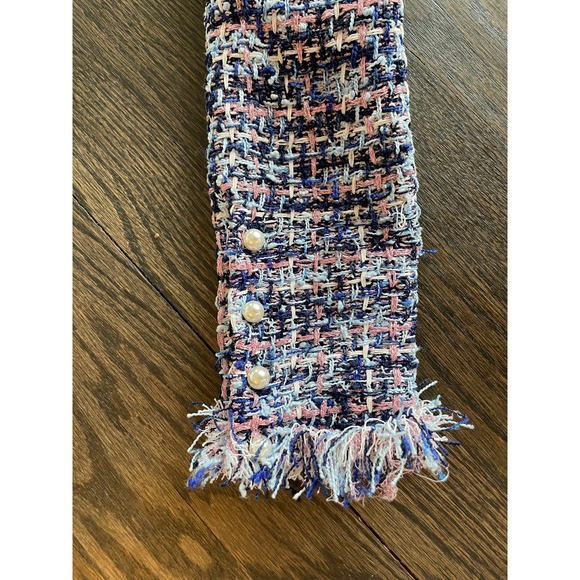 NWT ZARA Tweed Frayed Off-Shoulder Blue Pink Sweater Top Small - Picture 5 of 8